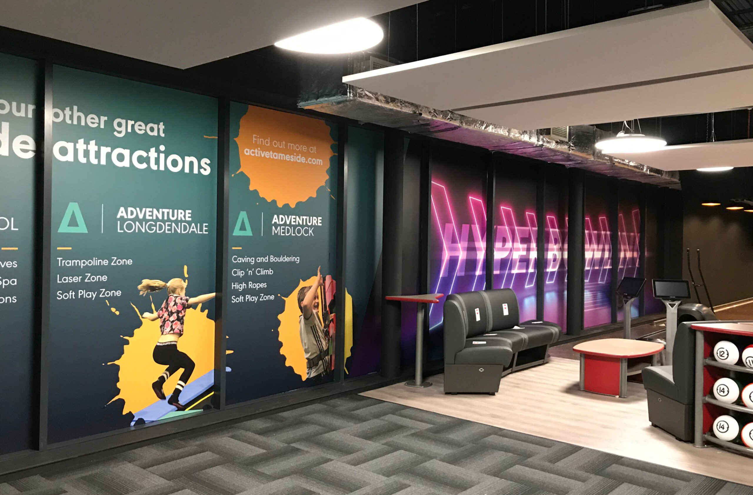 Colourful and eye catching wall graphic at a bowling centre